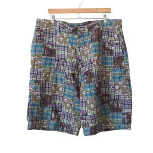 Vintage Y2K 90s Phat Farm Plaid Patchwork Mens Cargo Shorts 42 Blue Cotton Retro